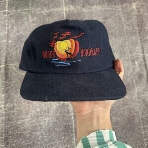 Men's Vintage 80's Aktiv Norge Nordkapp Norway Navy Blue Wool Adjustable Hat Cap